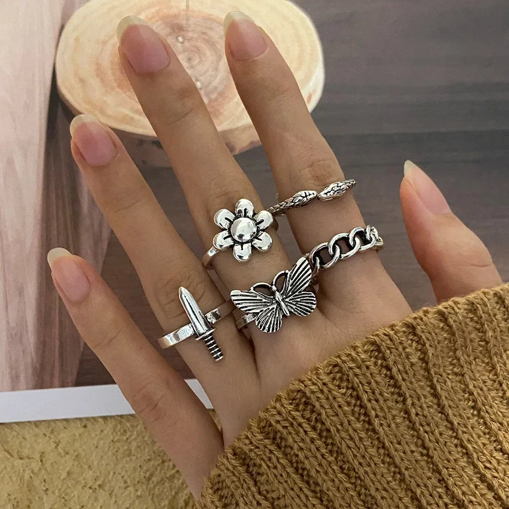 LATS 10Pcs Rings Suit For Women Silver-color Chain Ring Set Bohemian Style Coin Snake Moon Star Party Trend Gift Jewelry