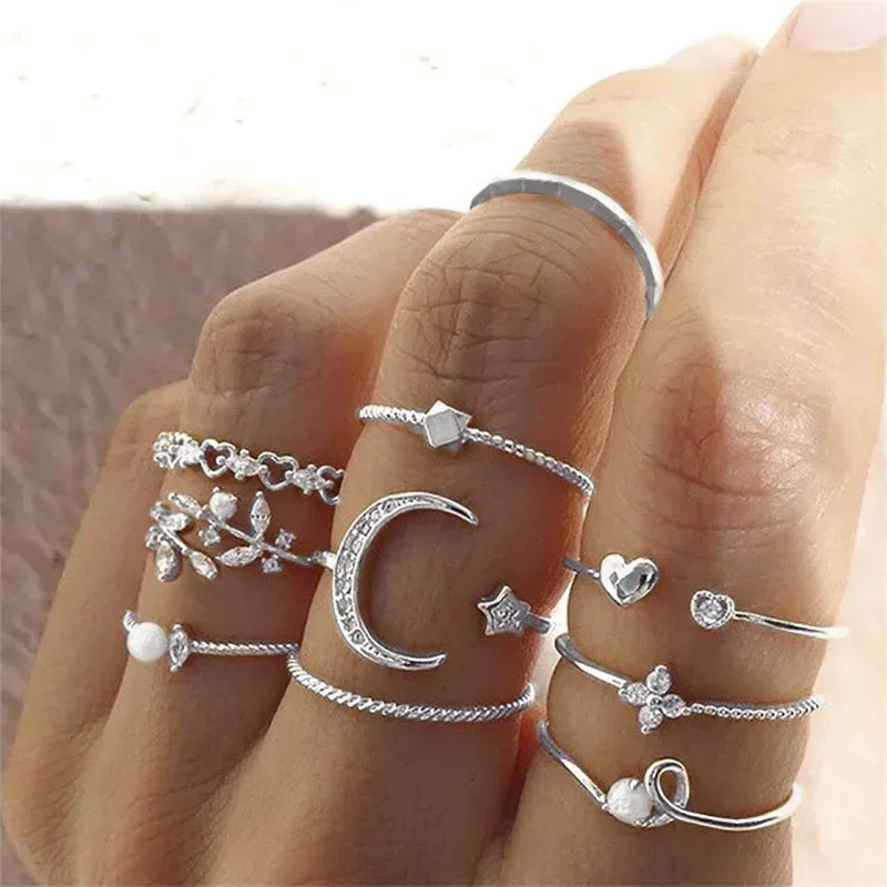 LATS 10Pcs Rings Suit For Women Silver-color Chain Ring Set Bohemian Style Coin Snake Moon Star Party Trend Gift Jewelry