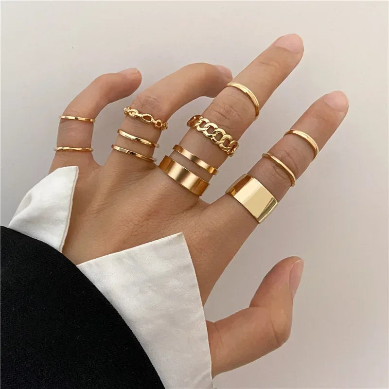 LATS 10Pcs Rings Suit For Women Silver-color Chain Ring Set Bohemian Style Coin Snake Moon Star Party Trend Gift Jewelry