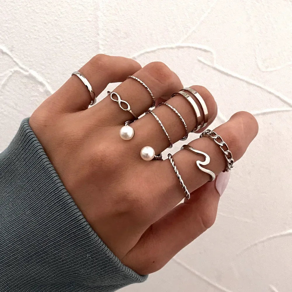 LATS 10Pcs Rings Suit For Women Silver-color Chain Ring Set Bohemian Style Coin Snake Moon Star Party Trend Gift Jewelry