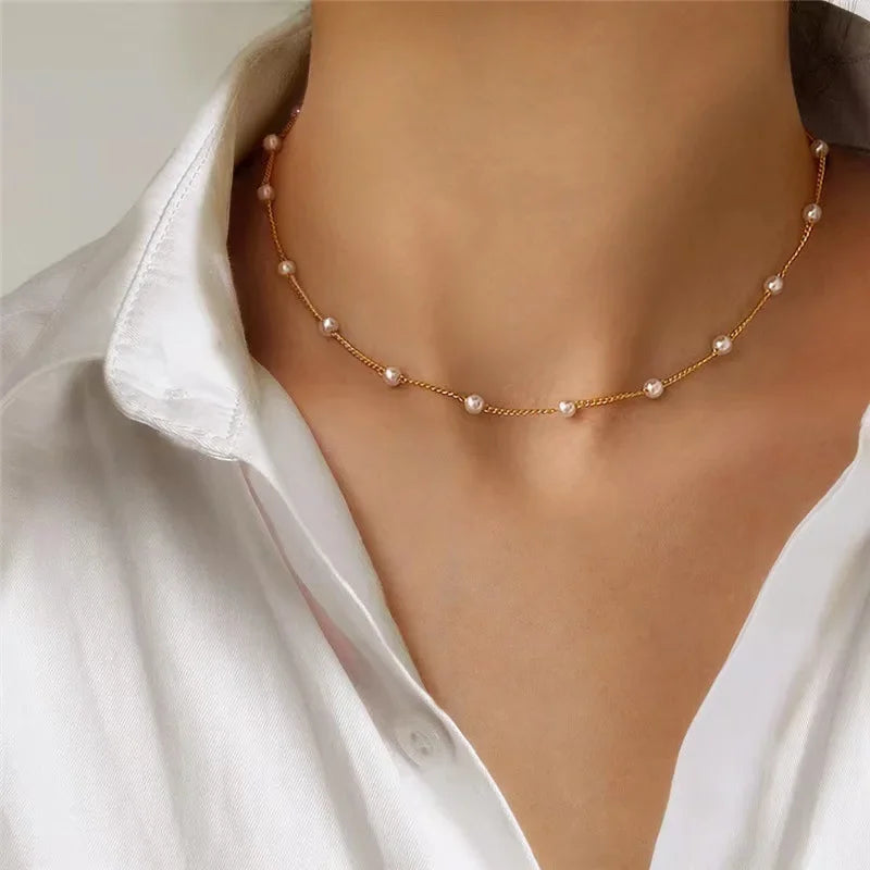 LATS Multilayer Pearl Cross Love Heart Pendant Necklaces for Women Gold Color Fashion Collarbone Neck Chain 2025 Trend Jewelry