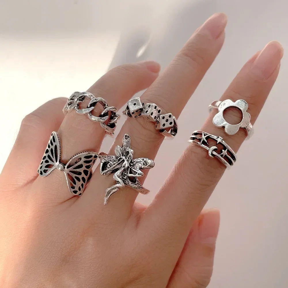 LATS 10Pcs Rings Suit For Women Silver-color Chain Ring Set Bohemian Style Coin Snake Moon Star Party Trend Gift Jewelry