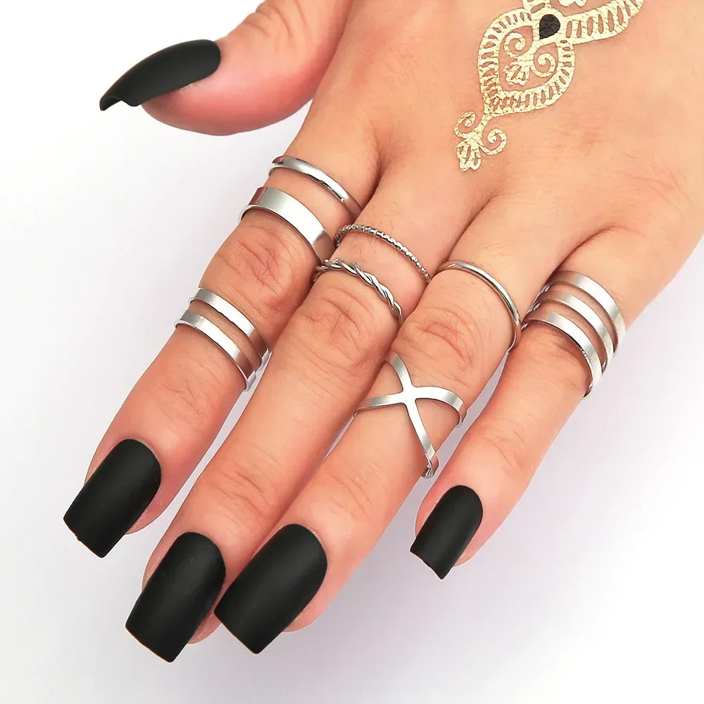 LATS 10Pcs Rings Suit For Women Silver-color Chain Ring Set Bohemian Style Coin Snake Moon Star Party Trend Gift Jewelry