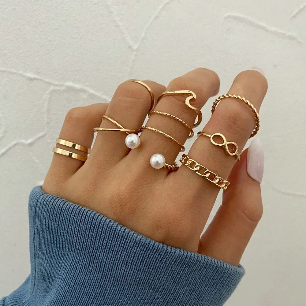 LATS 10Pcs Rings Suit For Women Silver-color Chain Ring Set Bohemian Style Coin Snake Moon Star Party Trend Gift Jewelry