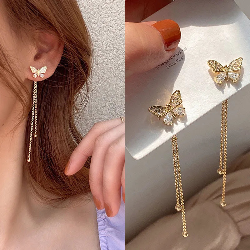 New Pattern Korean Elegant Cute Rhinestone Butterfly Stud Earrings For Women Girls Fashion Metal Chain Jewelry Gifts