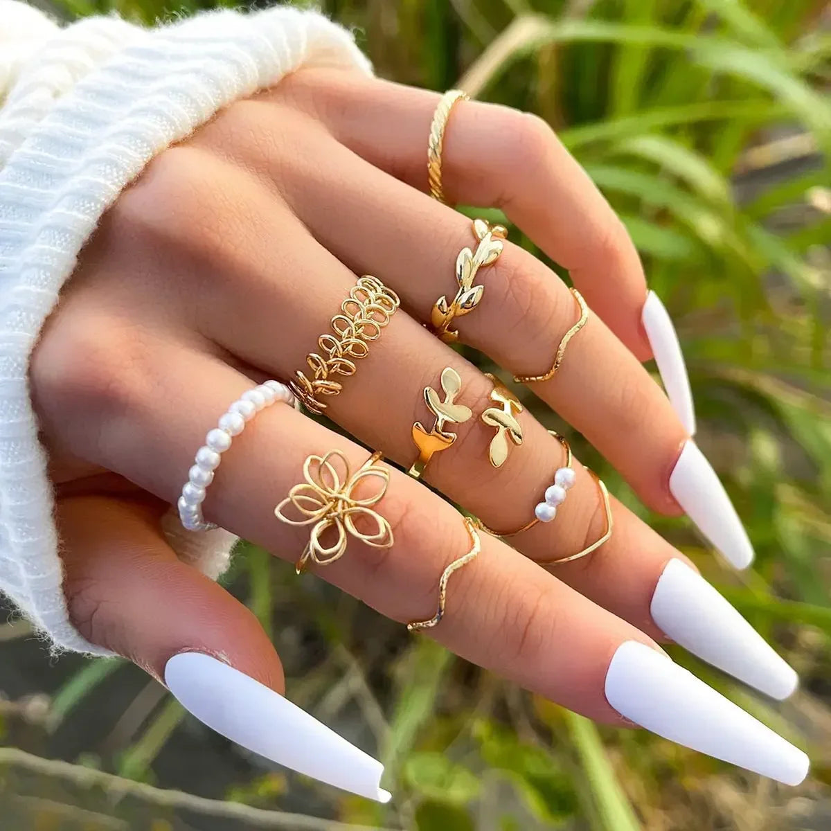 LATS 10Pcs Rings Suit For Women Silver-color Chain Ring Set Bohemian Style Coin Snake Moon Star Party Trend Gift Jewelry