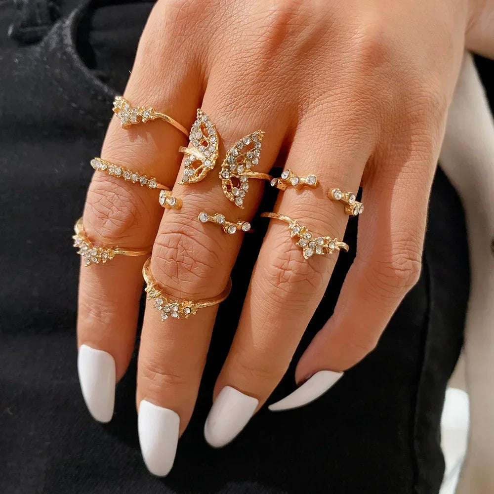 LATS 10Pcs Rings Suit For Women Silver-color Chain Ring Set Bohemian Style Coin Snake Moon Star Party Trend Gift Jewelry