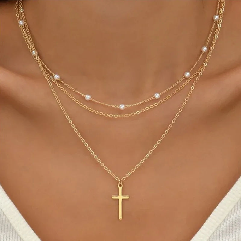 LATS Multilayer Pearl Cross Love Heart Pendant Necklaces for Women Gold Color Fashion Collarbone Neck Chain 2025 Trend Jewelry