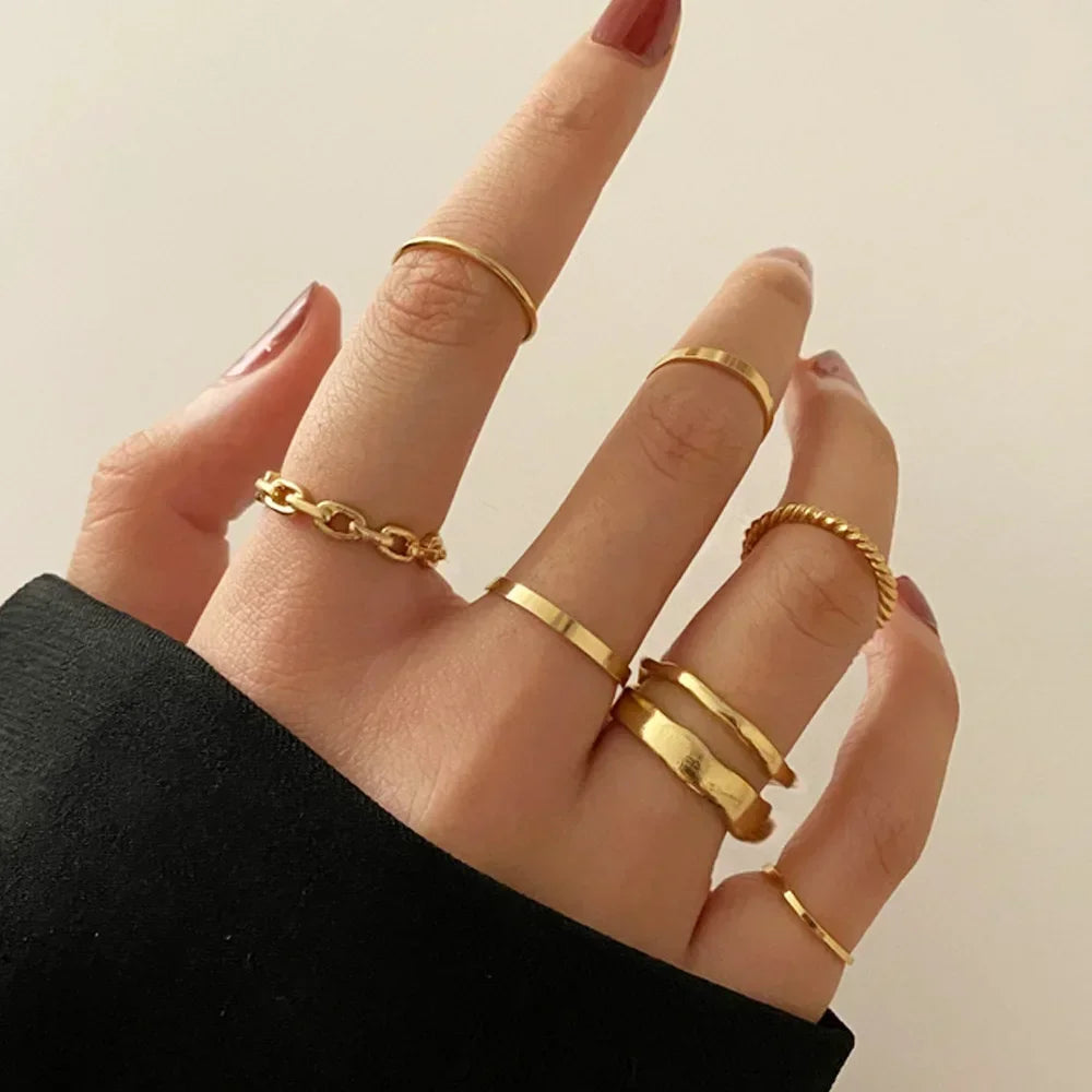 LATS 10Pcs Rings Suit For Women Silver-color Chain Ring Set Bohemian Style Coin Snake Moon Star Party Trend Gift Jewelry