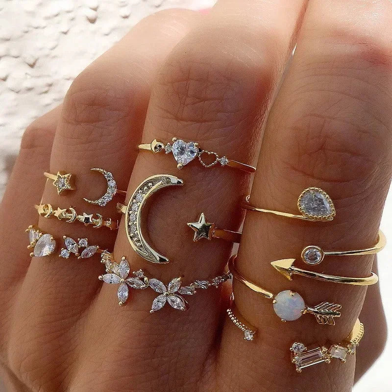 LATS 10Pcs Rings Suit For Women Silver-color Chain Ring Set Bohemian Style Coin Snake Moon Star Party Trend Gift Jewelry