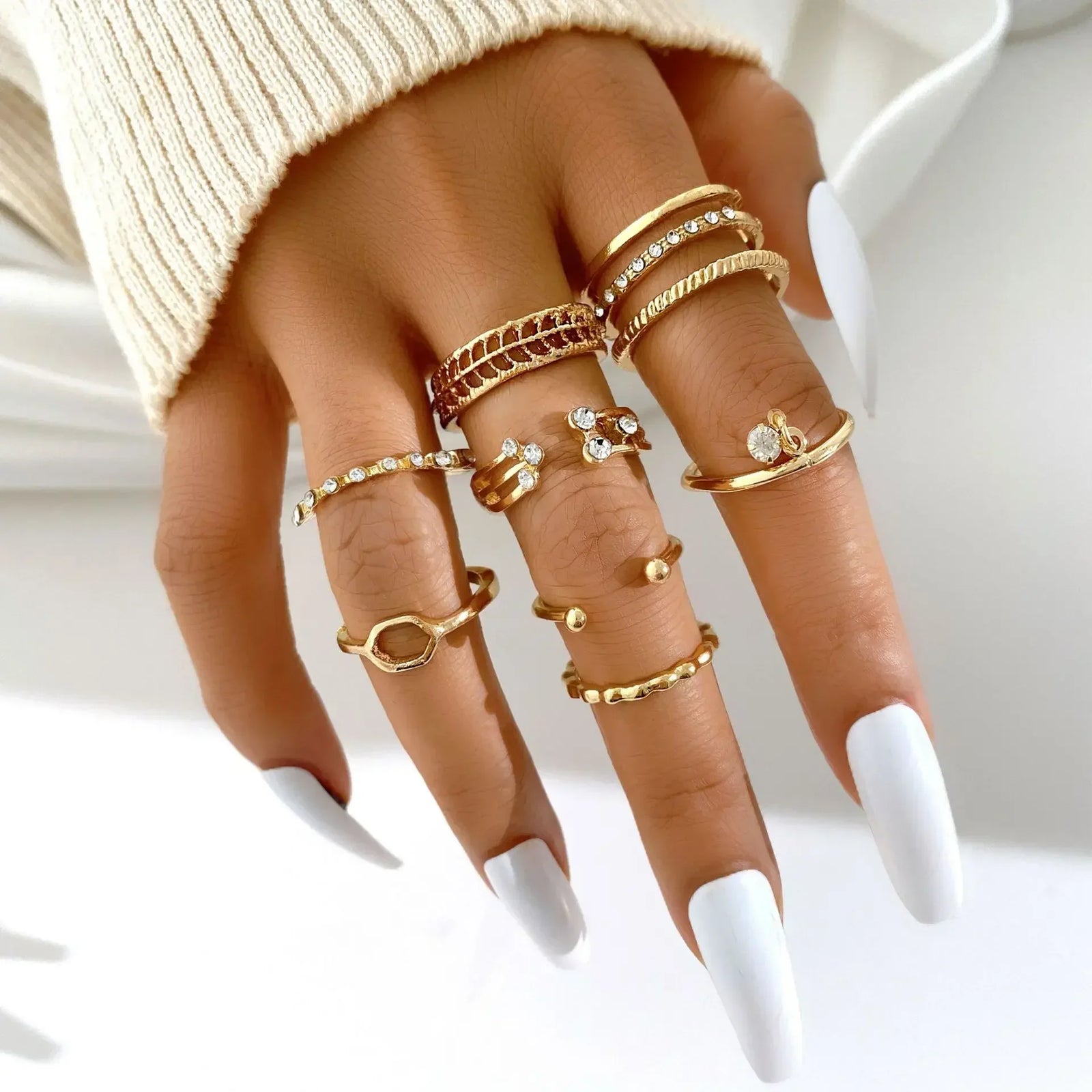 LATS 10Pcs Rings Suit For Women Silver-color Chain Ring Set Bohemian Style Coin Snake Moon Star Party Trend Gift Jewelry