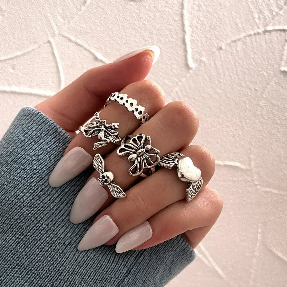 LATS 10Pcs Rings Suit For Women Silver-color Chain Ring Set Bohemian Style Coin Snake Moon Star Party Trend Gift Jewelry