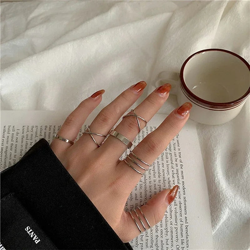 LATS 10Pcs Rings Suit For Women Silver-color Chain Ring Set Bohemian Style Coin Snake Moon Star Party Trend Gift Jewelry