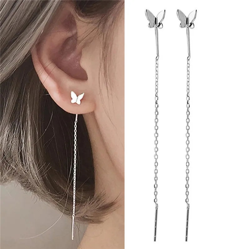 New Pattern Korean Elegant Cute Rhinestone Butterfly Stud Earrings For Women Girls Fashion Metal Chain Jewelry Gifts