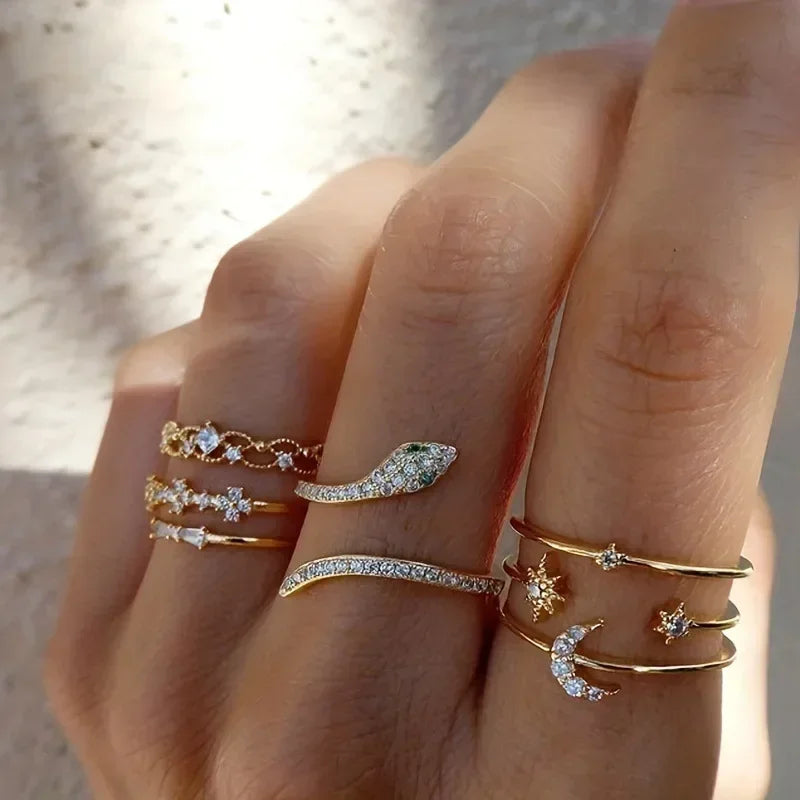 LATS 10Pcs Rings Suit For Women Silver-color Chain Ring Set Bohemian Style Coin Snake Moon Star Party Trend Gift Jewelry