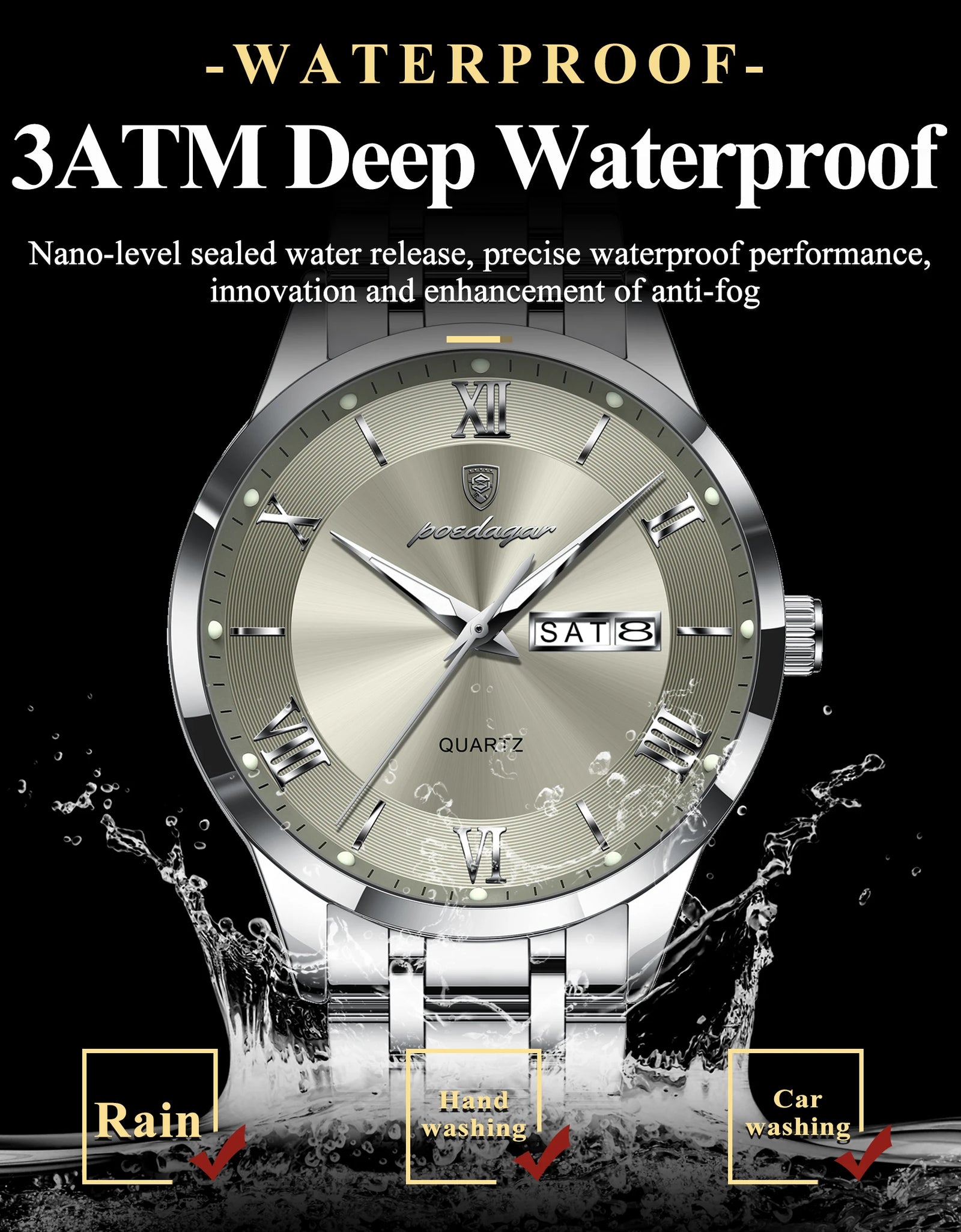 POEDAGAR Luxury Fashion Men Clock Waterproof Luminous Week Date Sports Man Wristwatch Stainless Steel Men's Quartz Watches Reloj