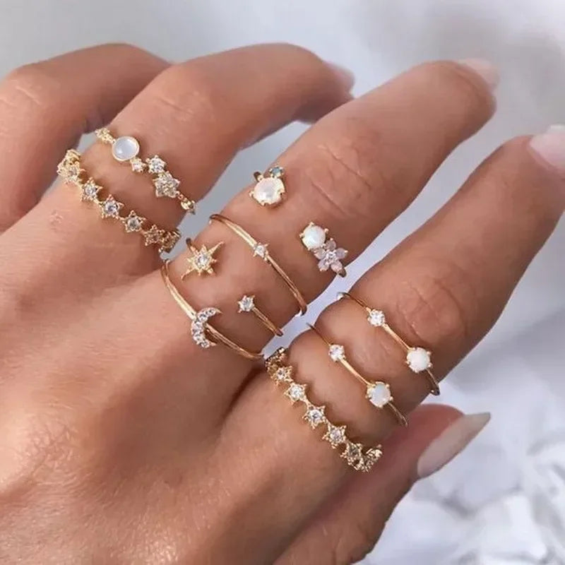 LATS 10Pcs Rings Suit For Women Silver-color Chain Ring Set Bohemian Style Coin Snake Moon Star Party Trend Gift Jewelry