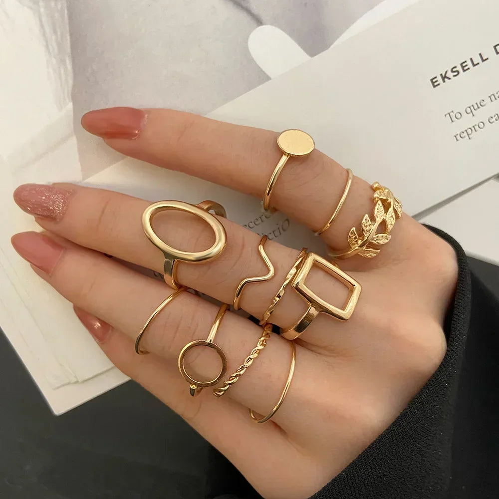 LATS 10Pcs Rings Suit For Women Silver-color Chain Ring Set Bohemian Style Coin Snake Moon Star Party Trend Gift Jewelry