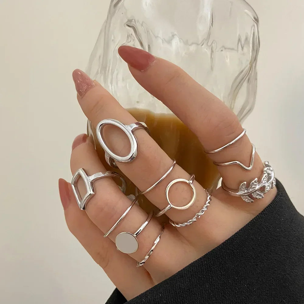 LATS 10Pcs Rings Suit For Women Silver-color Chain Ring Set Bohemian Style Coin Snake Moon Star Party Trend Gift Jewelry