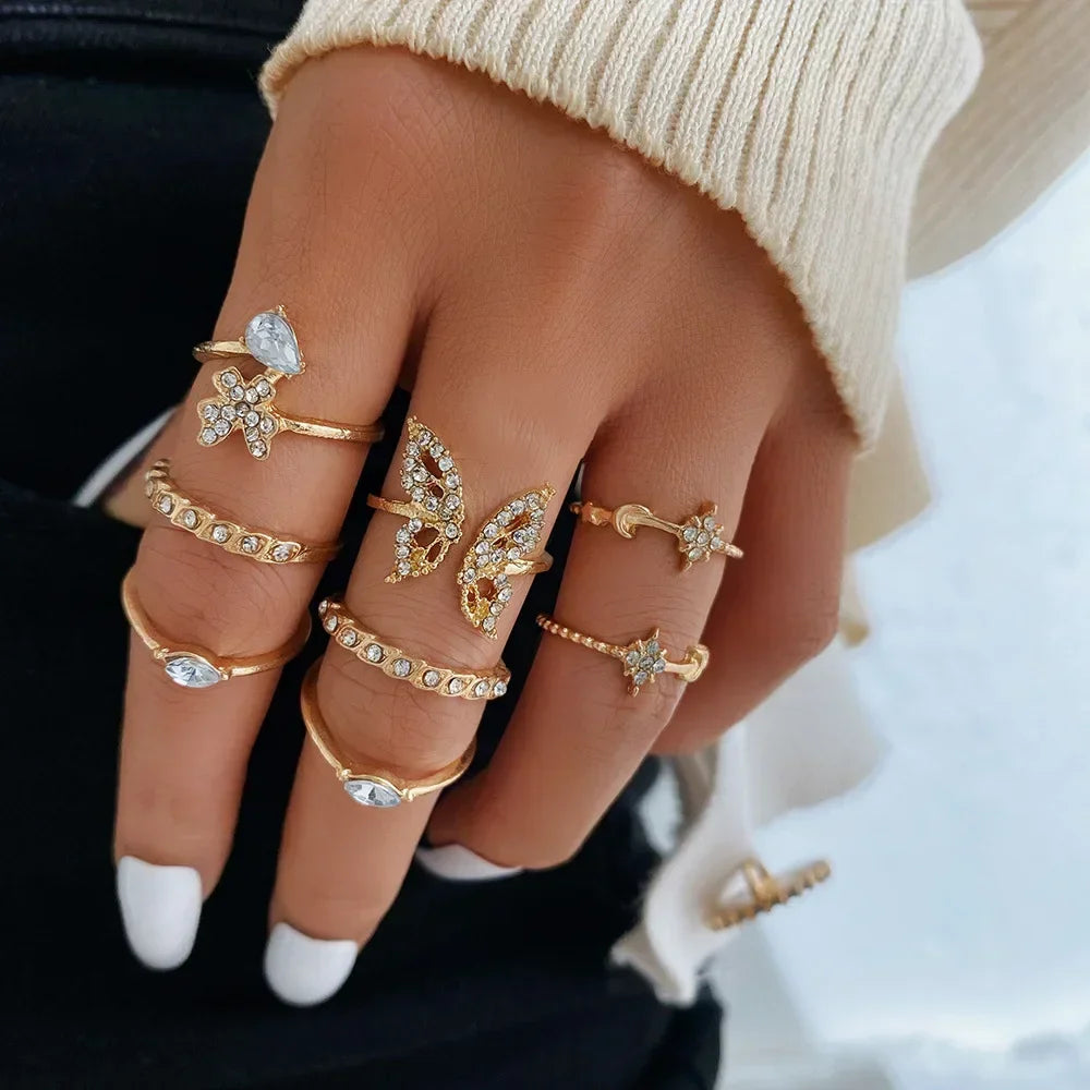 LATS 10Pcs Rings Suit For Women Silver-color Chain Ring Set Bohemian Style Coin Snake Moon Star Party Trend Gift Jewelry