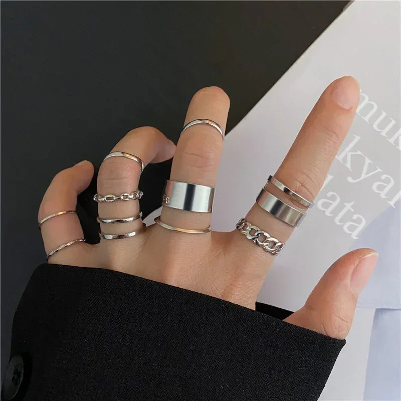 LATS 10Pcs Rings Suit For Women Silver-color Chain Ring Set Bohemian Style Coin Snake Moon Star Party Trend Gift Jewelry