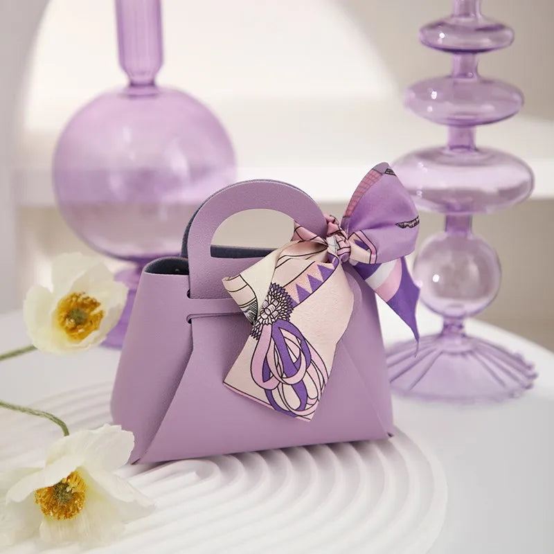 Mini Handbag With Ribbon Creative Foldable PU Leather Kids Gilrs Princess Handbag Coin Purses Wedding Decor Candy Bag Key Pouch