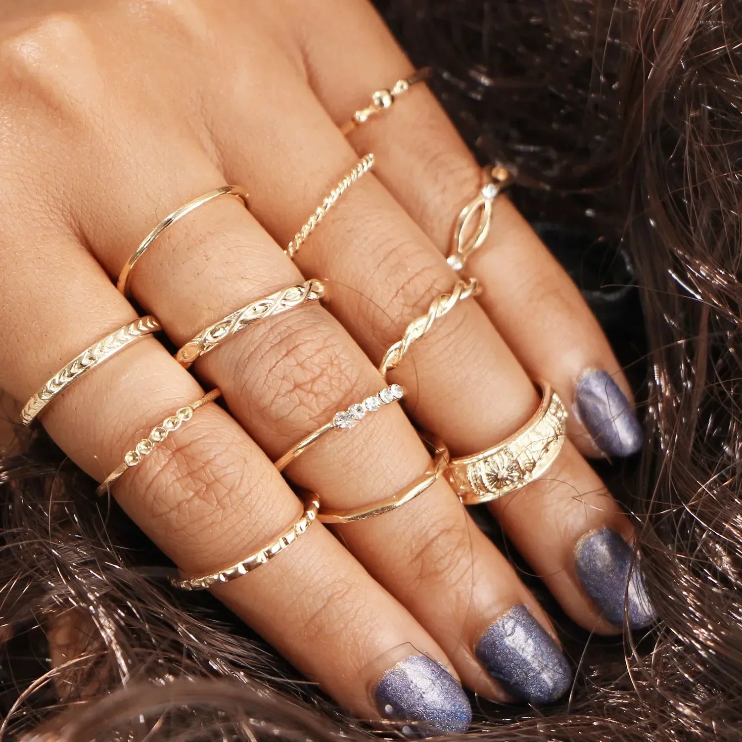 LATS 10Pcs Rings Suit For Women Silver-color Chain Ring Set Bohemian Style Coin Snake Moon Star Party Trend Gift Jewelry