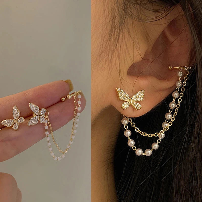 New Pattern Korean Elegant Cute Rhinestone Butterfly Stud Earrings For Women Girls Fashion Metal Chain Jewelry Gifts