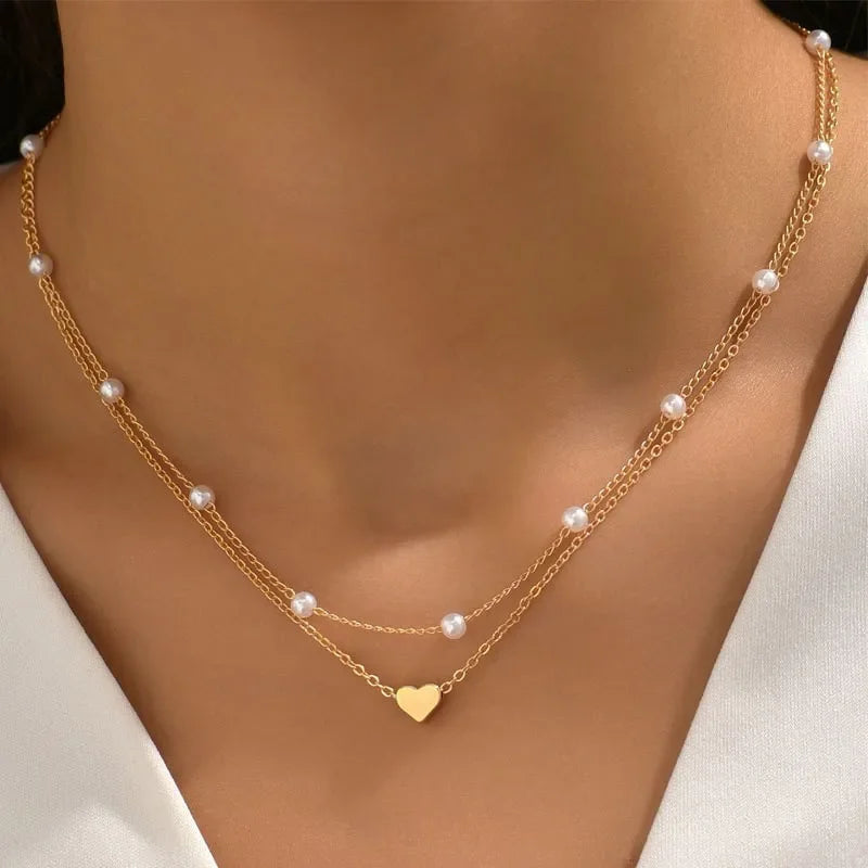 LATS Multilayer Pearl Cross Love Heart Pendant Necklaces for Women Gold Color Fashion Collarbone Neck Chain 2025 Trend Jewelry