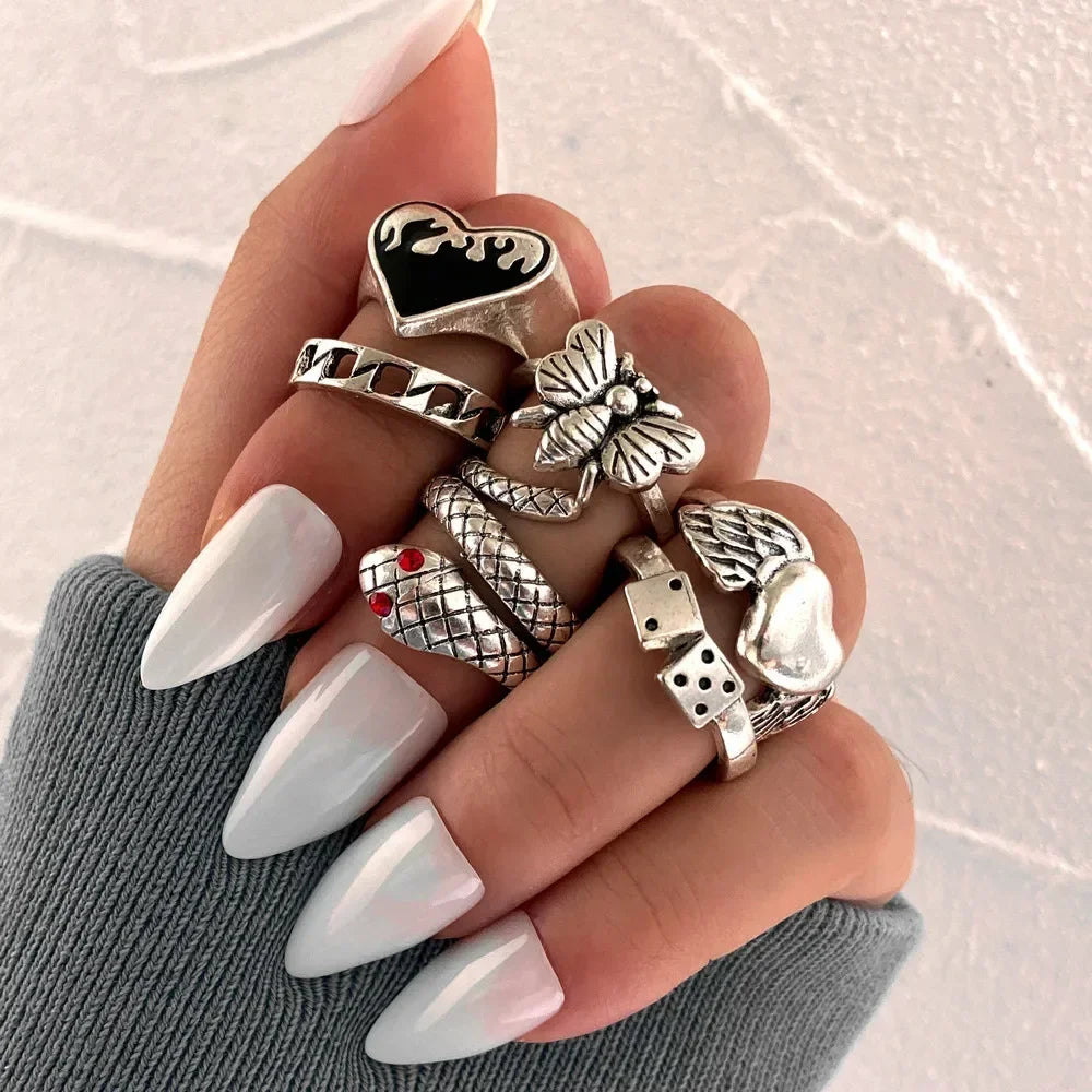 LATS 10Pcs Rings Suit For Women Silver-color Chain Ring Set Bohemian Style Coin Snake Moon Star Party Trend Gift Jewelry