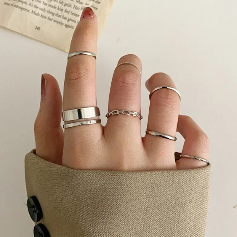 LATS 10Pcs Rings Suit For Women Silver-color Chain Ring Set Bohemian Style Coin Snake Moon Star Party Trend Gift Jewelry